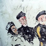 שלושה קאפואים. פרט מציור קיר, בלוק מס'9, בירקנאו- פולין